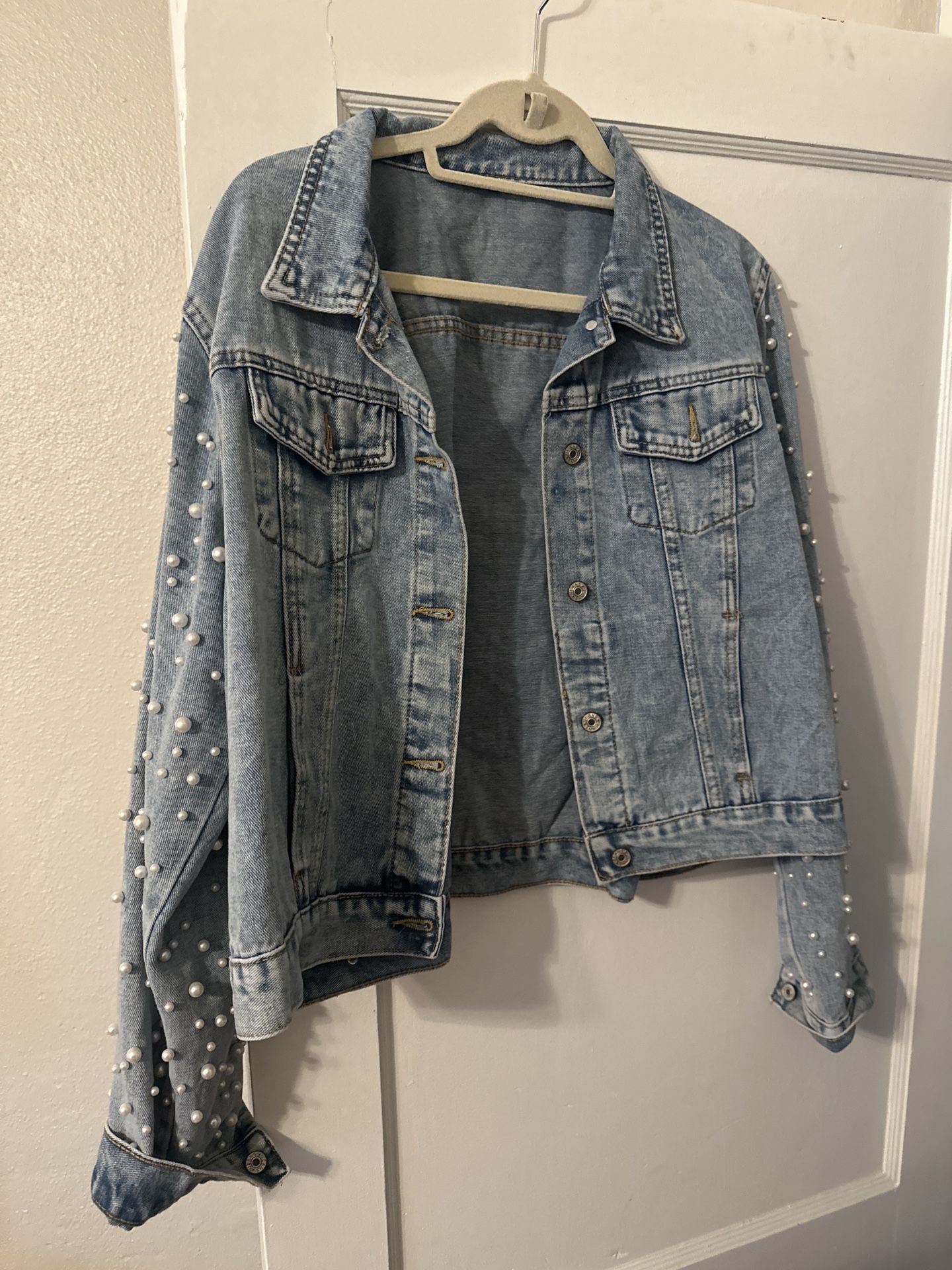 Pearl-Embellished Light Wash Denim Jacket - XL