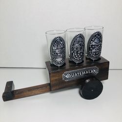 Guatamala 3 Shot glasses in wooden wheelbarrow - SHOTGLASS COLLECTORS