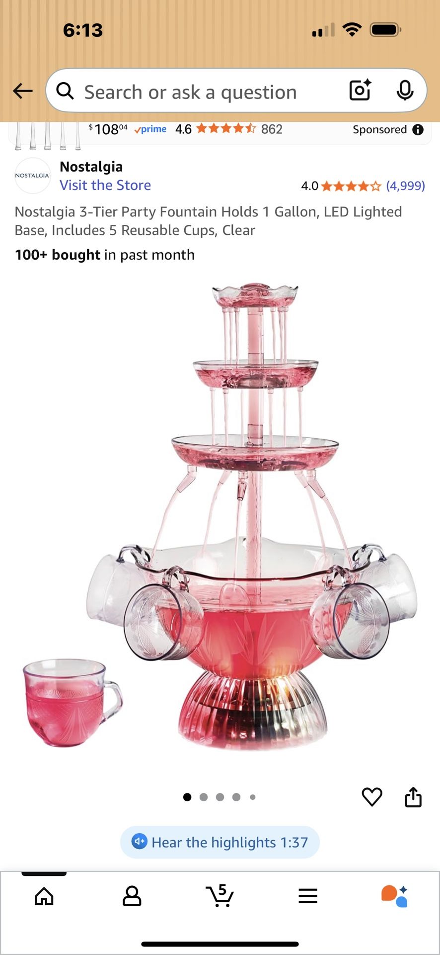 Nostalgia 3-Tier Party Fountain Holds 1 Gallon, LED Lighted Base, Includes 5 Reusable Cups, Clear