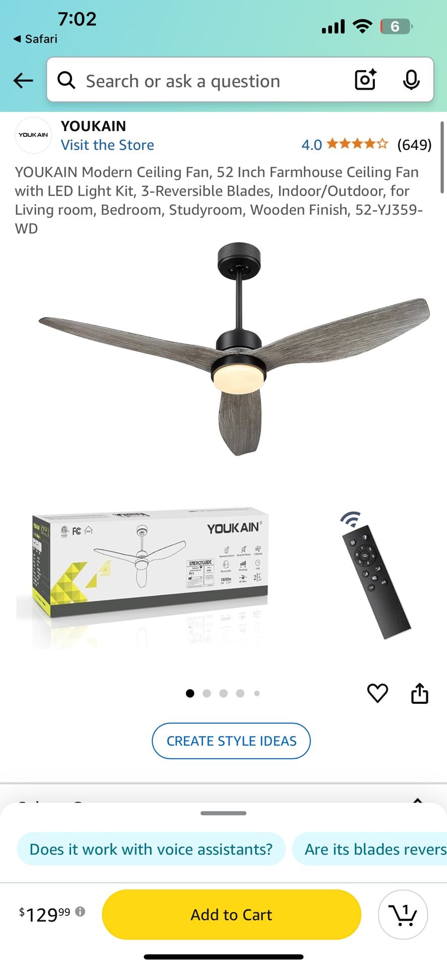 YOUKAIN Modern Ceiling Fan, 52 Inch Farmhouse Ceiling Fan with LED Light Kit, 3-Reversible Blades, Indoor/Outdoor, for Living room, Bedroom, Studyroom