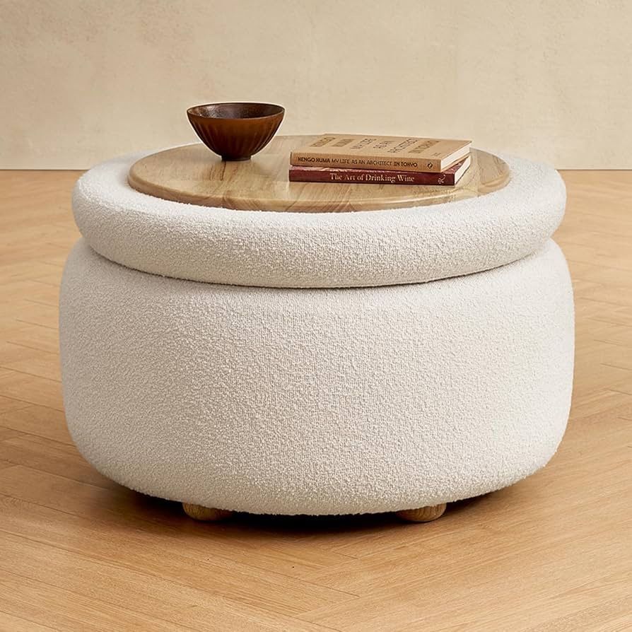 mopio Luna Round Ottoman with Storage and Tray, Round Coffee Table with Storage, Upholstered Foot Stools Ottoman for Living Room, Bedroom, with Solid