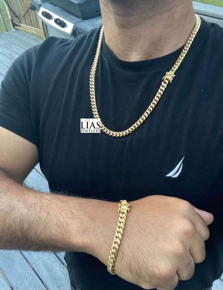 New 18k Yellow Gold Filled Cuban Link Chain and Bracelet Set 