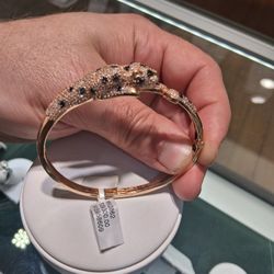 Rose Gold Cartier Style Panther Bangle With Diamonds, Onyx And Emerald