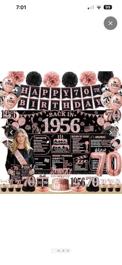 Rose Gold 70th Birthday Decorations for Women – 63Pcs Happy 70th Birthday Banner, Photo Backdrop, Candle, Sash and Crown & Party Supplies Kit