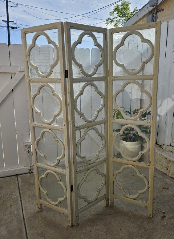 Vintage 3-Panel Folding Room Divider / Window-Style Glass Screen – Shabby Chic Décor