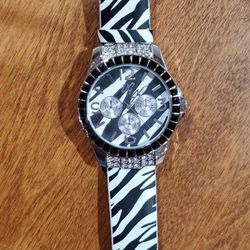 NEW Genuine Leather Zebra Print Rhinestone Watch