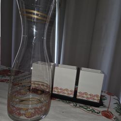 Clear Glass Serving Carafe with Gold & Red Floral Design + 3 Matching Ceramic Holders