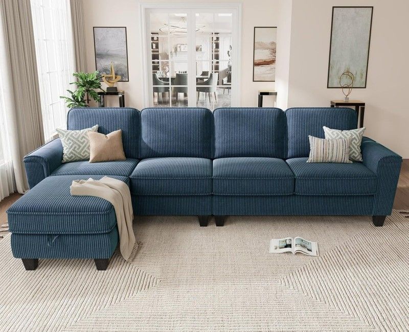 8Foot "L" Shaped  BLUE Sectional Sofa Couch with Chaise Storage
