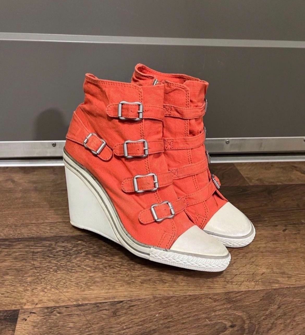 π»Price Just Dropped! ASH Buckled Wedge Sneakers β Orange (Size 8)
