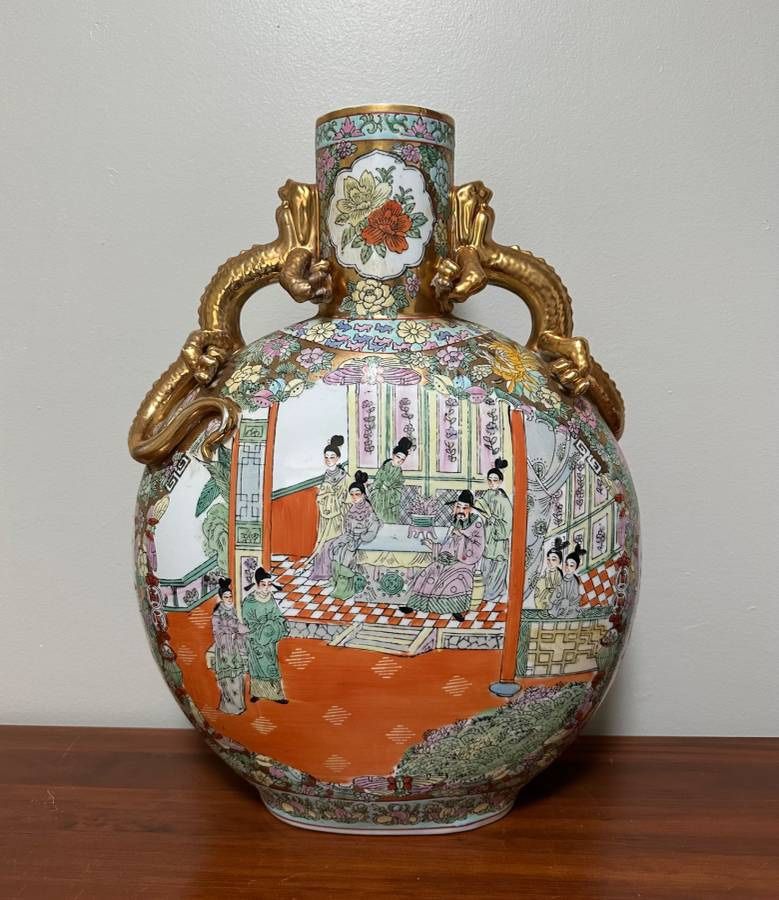 Vintage Large Chinese Famille Rose Porcelain Figural Orange Moon Flask Vase With Dragons