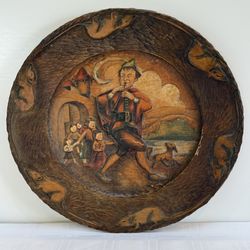 Rare Find Vintage Handmade Carved Wooden Plate Hand Painted  The Pied Piper of Hamelin Town.