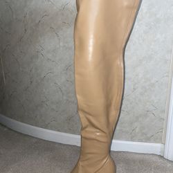 Camel Round Toe Leather Thigh High Boot Heels