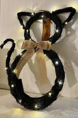 Halloween Vintage Black Cat Figural Rattan Wreath With LED Lights  W/Tags
