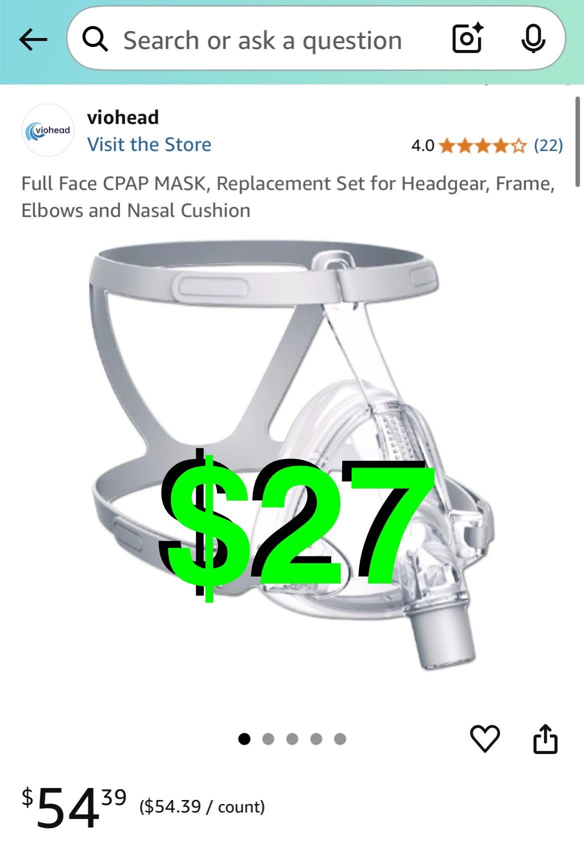 viohead - Full Face CPAP MASK, Replacement Set for Headgear, Frame, Elbows and Nasal Cushion