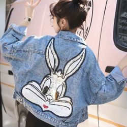 Women Cartoon Sequined Denim Jacket Oversize