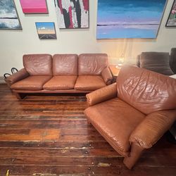 Brown leather couch and chair