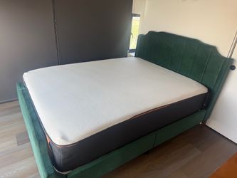 Queen Nectar Cooling Memory Foam Mattress + Green Velvet Bed Frame – $300