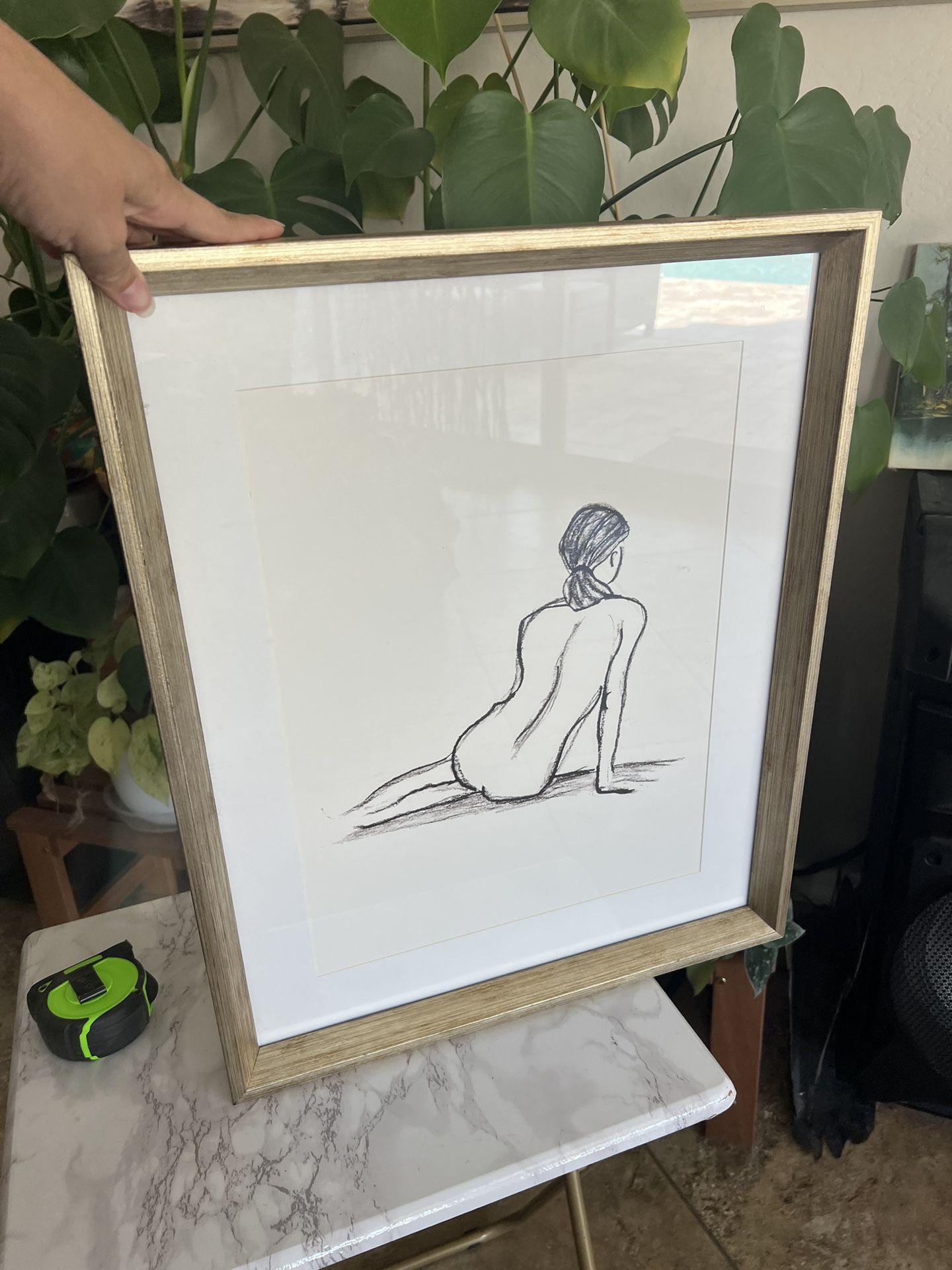 Abstract Art in Glass Gold Frame Women Sketch Feminine 17.5 x 21.5