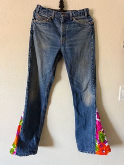 VTG 90s Levi’s 505 Orange Tab Hippie Floral Custom Bootcut Worn Jeans 32x34