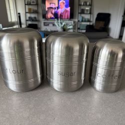 3 Kitchen Stainless Steel Storage Brushed Finish Canisters (For Coffee, Tea, Flour, & Sugar)