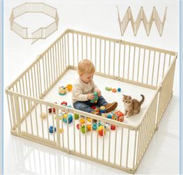 Wooden Baby Playpen, Foldable Playpen for Toddlers, 64x64”, Easy Assembly Baby Play Yard with Safe Child-Proof Lock, CPC Certified Baby Fence Extends 