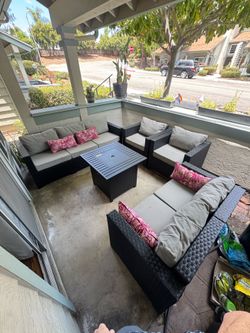Outdoor Patio Furniture Set – Wicker Sofa, Loveseat, 2 Chairs + Propane Fire Pit Table