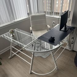 Modern L-Shaped Glass Desk – White Frame
