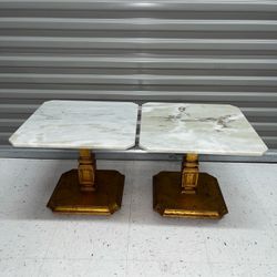 Pair Of Vintage MCM Marble Top and Gold Leaf Wood Base Side End Tables 1966