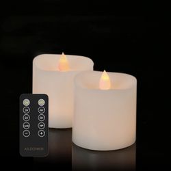 ASLDOIWEH 3x3 Flickering Flameless Candles Battery Operated Candle 2AA 600 Hours White (3x3 inch) Set of 2 Real Wax Pillar LED Candles with 10-Key Rem