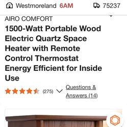 AIRO COMFORT 1500-Watt Portable Wood Electric Quartz Space Heater with Remote Control Thermostat Energy Efficient for Inside Use