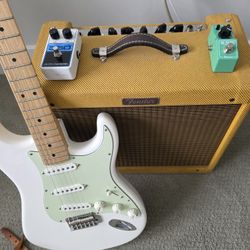 Fender MIM Stratocaster, Blues JR 15-Watt Tweed 1x12 Combo, Electro Harmonix Nano Looper 360, And Ibanez Mini Tube Screamer 
