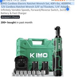 KIMO Cordless Electric Ratchet Wrench Set, 40Ft-lbs, 400RPM, 12V Cordless Ratchet Wrench 3/8" w/7Sockets, 1/4" Adapt
