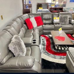 GRAY LEATHER RECLINING SECTIONAL 