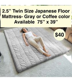 2.5" Twin Size Japanese Floor Mattress- Gray or Coffee color Available 75" x 39", Thicken Roll Up Tatami Mat 100% Cotton Washable Cover, Portable & Fo