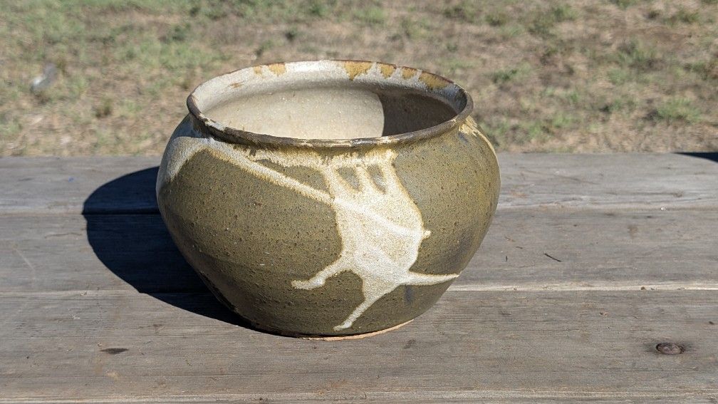6" Studio Art Pottery Bowl Olive Drip Glaze Terracotta Vessel Signed Artisan
