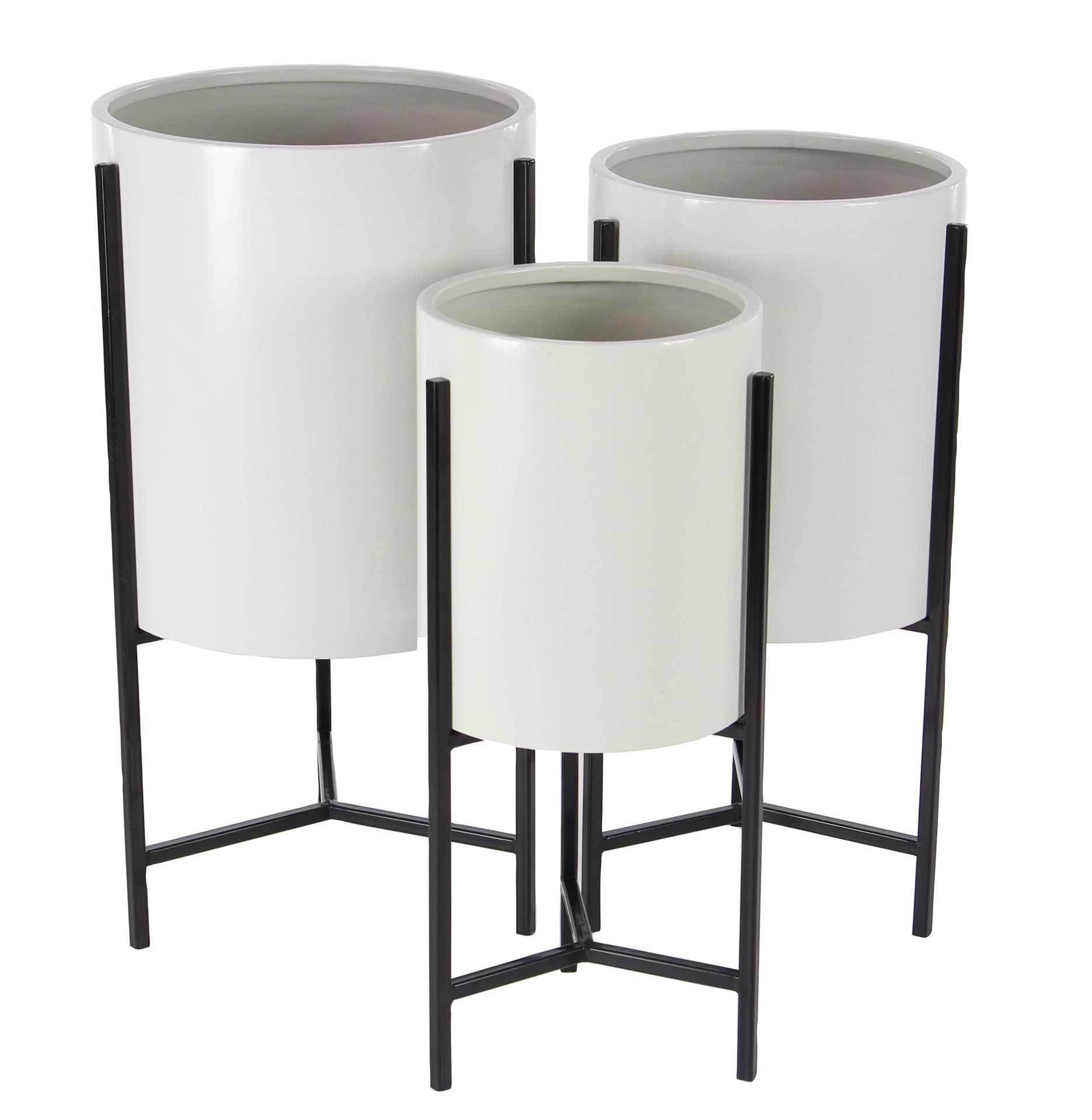 Set of 3 Modern Iron White and Black Drum Planters With Stand For Outdoor/Indoor Plants