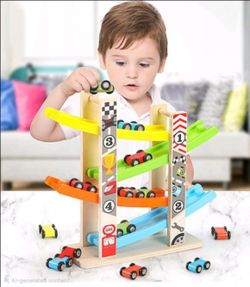 Esaierr Toddler Kids Wooden Track Toys,Boys Girls Inertia Glide Racing Car Toys,3+ Years Old Multi-level Track