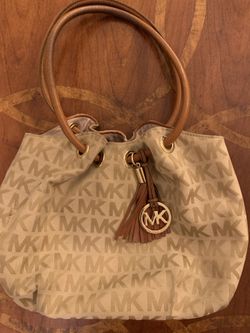 Michael Kors Signature MK Canvas & Leather Handbag Purse – Cream/Tan
