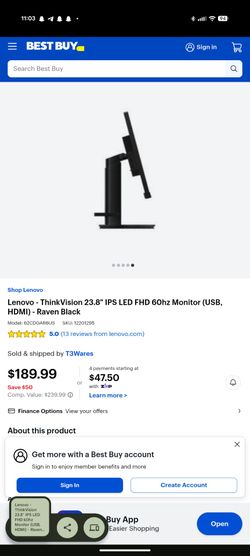 Lenovo - ThinkVision 23.8" IPS LED FHD 60hz Monitor (USB, HDMI) - Raven Black