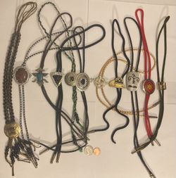 Vintage Lot of 11 Metal Bolo Ties, Very Nice Different Designs, Turquoise, Cowboy Hat, More, Nice Designs, Quality, Heavy Duty