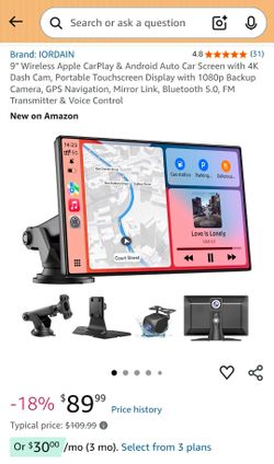 9" Wireless Apple CarPlay & Android Auto Car Screen with 4K