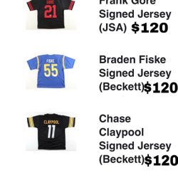 Frank Gore Signed Jersey (JSA) $120 Braden Fiske Signed Jersey (Beckett)$120 Chase Claypool Signed Jersey (Beckett)$120