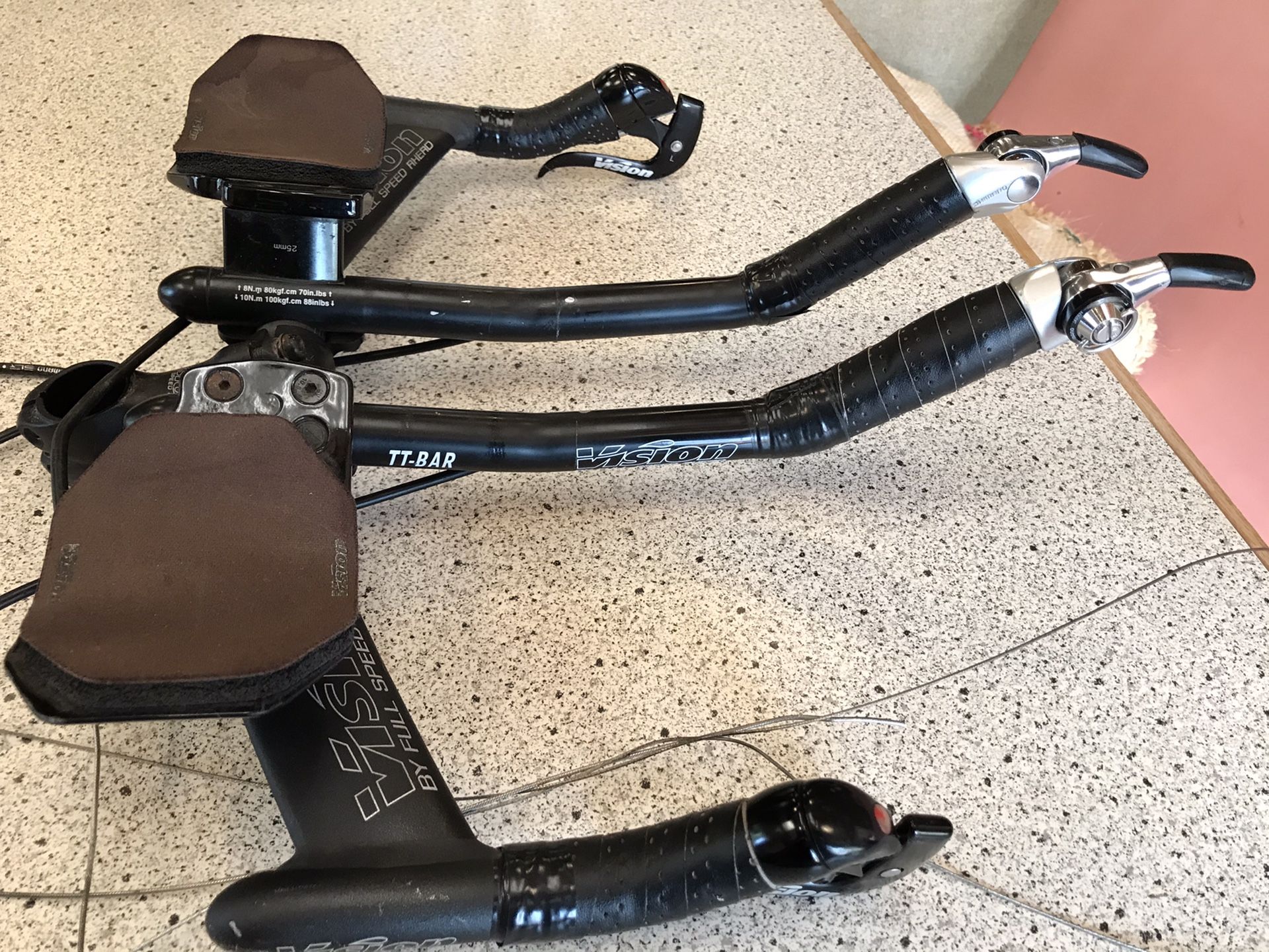 Vision aero bars with shifters and updated brakes. Willing to trade for road shifters. Dura ace or better. Handle bars