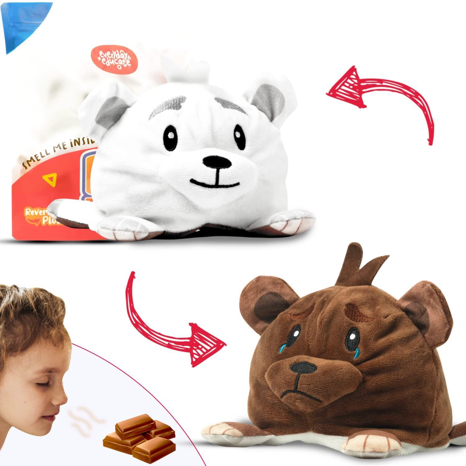 Reversible Toy Plush for Girls & Boys, Educational Mood Regulating Plushie Teddy Bear,