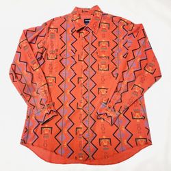 Vintage 90s Wrangler Brushpopper Red Aztec Navajo Western Shirt Mens Size XL