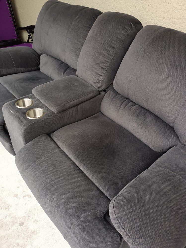 3 Piece Grey Sectional W/ Recliners and massaging feature