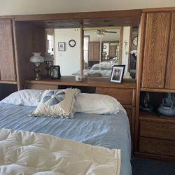 Solid Oak Bedroom Storage Lighted Headboard Unit 