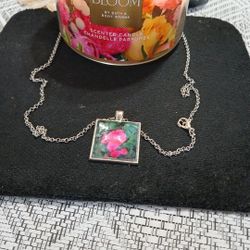 Silver Square Necklace With Domed Glass Wile Featuring A Photo Of Pink Rose 