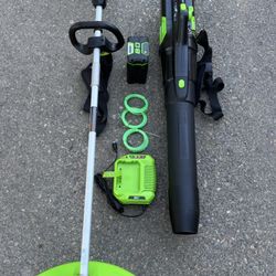 Greenworks 8OV 16" Brushless String Trimmer & Greenworks 80V 730 CFM Cordless Battery Leaf Blower