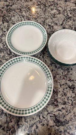 White Dinnerware Set with Green Gingham Border